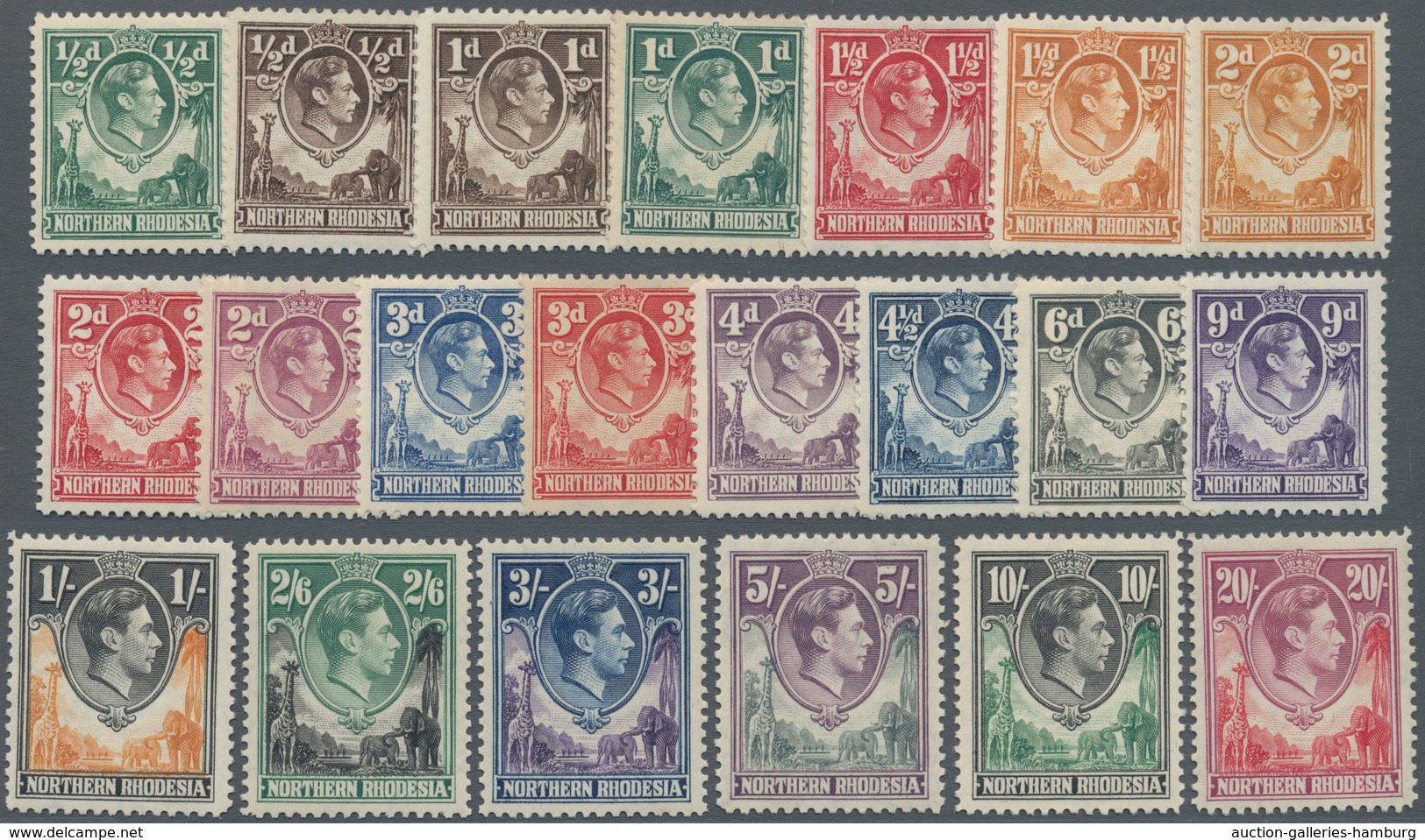 Nord-Rhodesien: 1938/1952, KGVI Definitives Complete Set Of 21, Mint Hinged, SG. £ 250 - Rodesia Del Norte (...-1963)