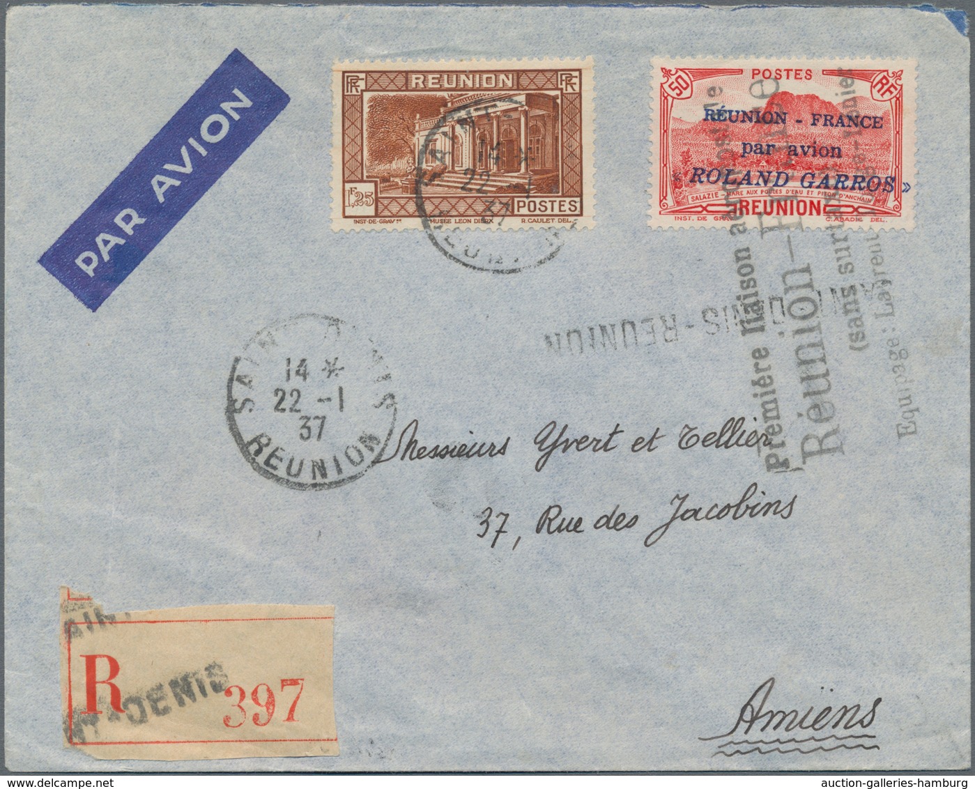 Reunion: 1937, 50 C Red 'ROLAND GARROS' And 1,25 F Brown Definitive, Together On Registered Airmail - Otros & Sin Clasificación