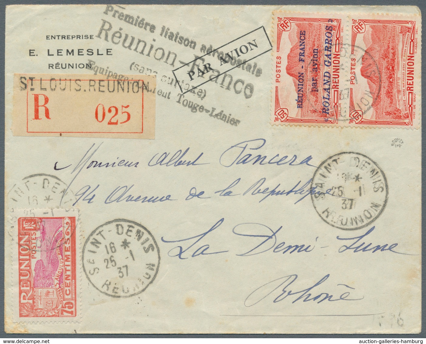Reunion: 1937, "ROLAND GARROS" Flight, 50c. Red Vertical Pair Showing Variety "LOWER STAMP WITHOUT O - Otros & Sin Clasificación
