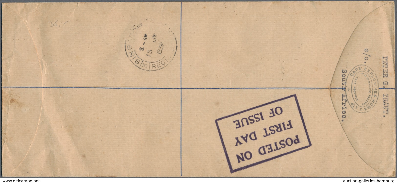 St. Helena: 1938 KGV. Set Of Seven (½d. To 1s.) On Registered First Day Cover To SINGAPORE, Cancelle - Sint-Helena