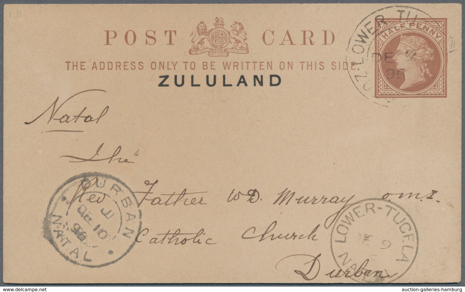 Zululand: "LOWER TUGELA ZULULAND DE 9 1896" Cds On Overprinted 1/2d Postal Stationery Card Of Great - Zululand (1888-1902)