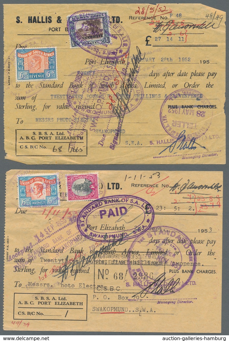 Südwestafrika: 1952-1954, Lot Of 13 Documents, Mainly Cheques Franked With Fiscal And Or Postage Sta - África Del Sudoeste (1923-1990)