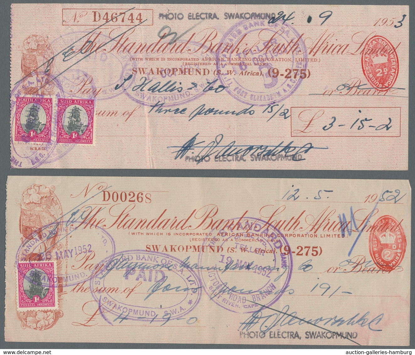 Südwestafrika: 1952-1954, Lot Of 13 Documents, Mainly Cheques Franked With Fiscal And Or Postage Sta - Südwestafrika (1923-1990)