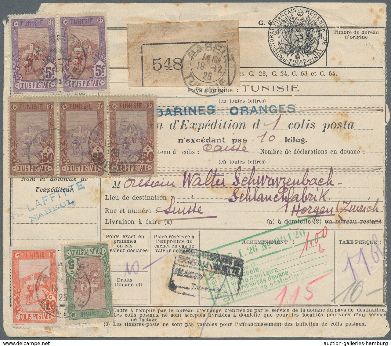 Tunesien - Paketmarken: 1925, 11.65fr. Rate On Parcel Despatch Form From "NABEUL 19.12.25" To Horgen - Tunisia (1956-...)