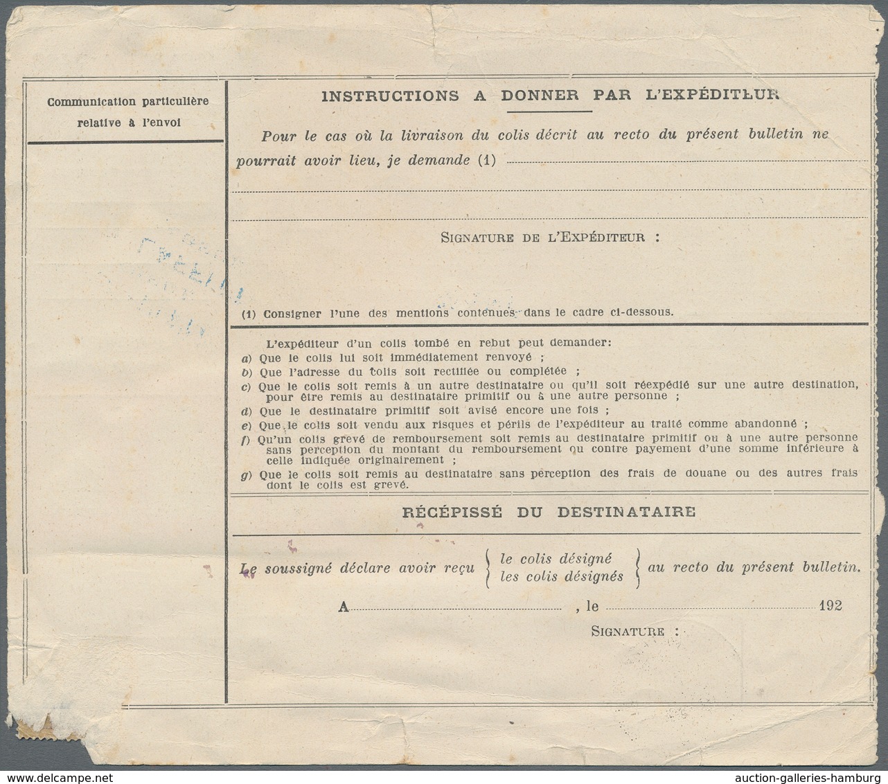Tunesien - Paketmarken: 1925, 11.65fr. Rate On Parcel Despatch Form From "NABEUL 19.12.25" To Horgen - Tunisia (1956-...)