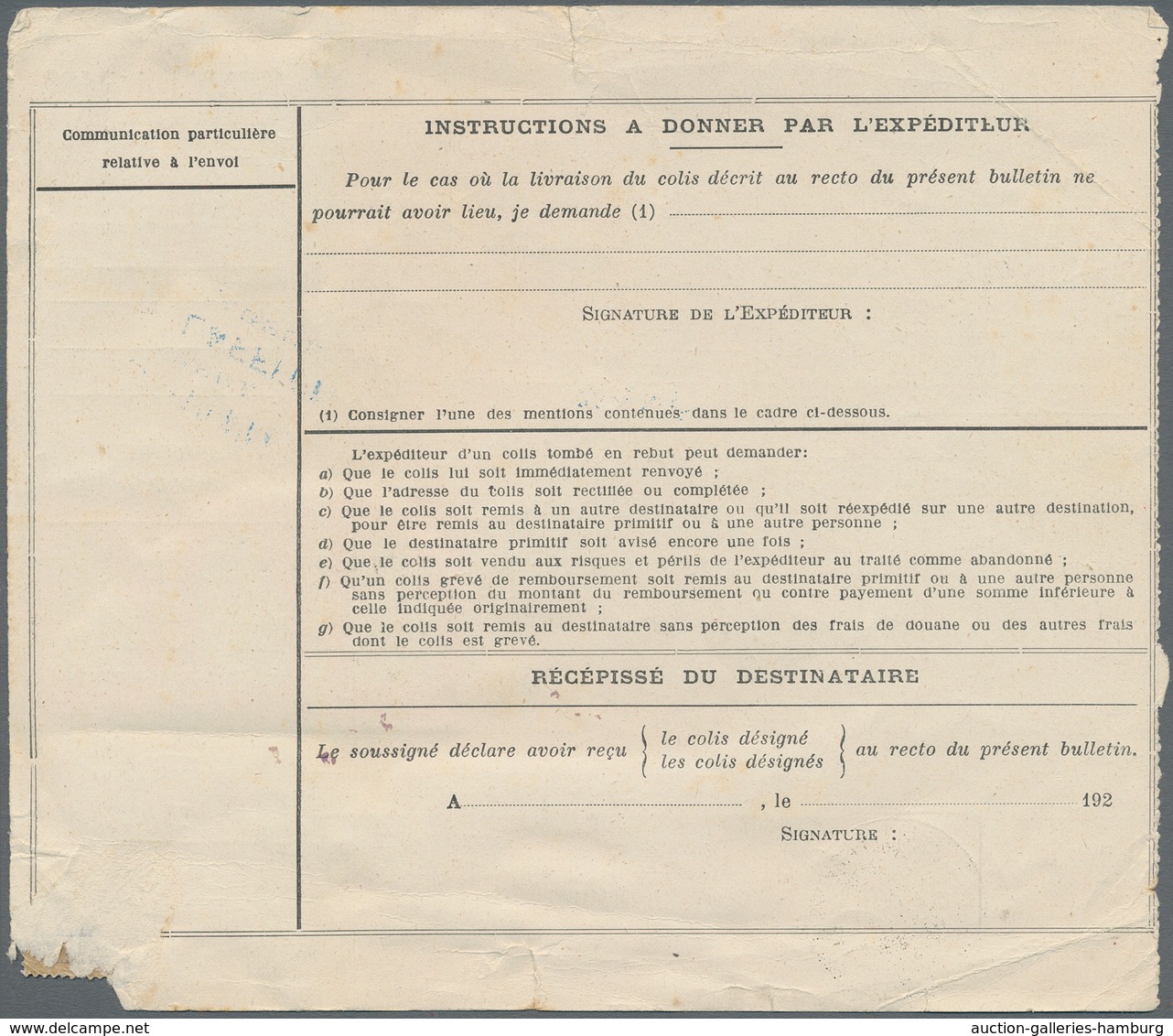 Tunesien - Paketmarken: 1925, 11.65fr. Rate On Parcel Despatch Form From "NABEUL 19.12.25" To Horgen - Tunisie (1956-...)