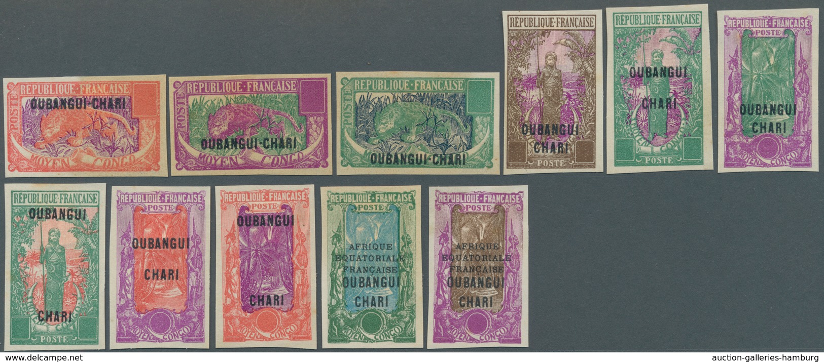 Zentralafrikanische Republik: 1922/1924, Oubangi-Chari, Group Of Eleven Imperforate Colour Proofs Wi - Zentralafrik. Republik