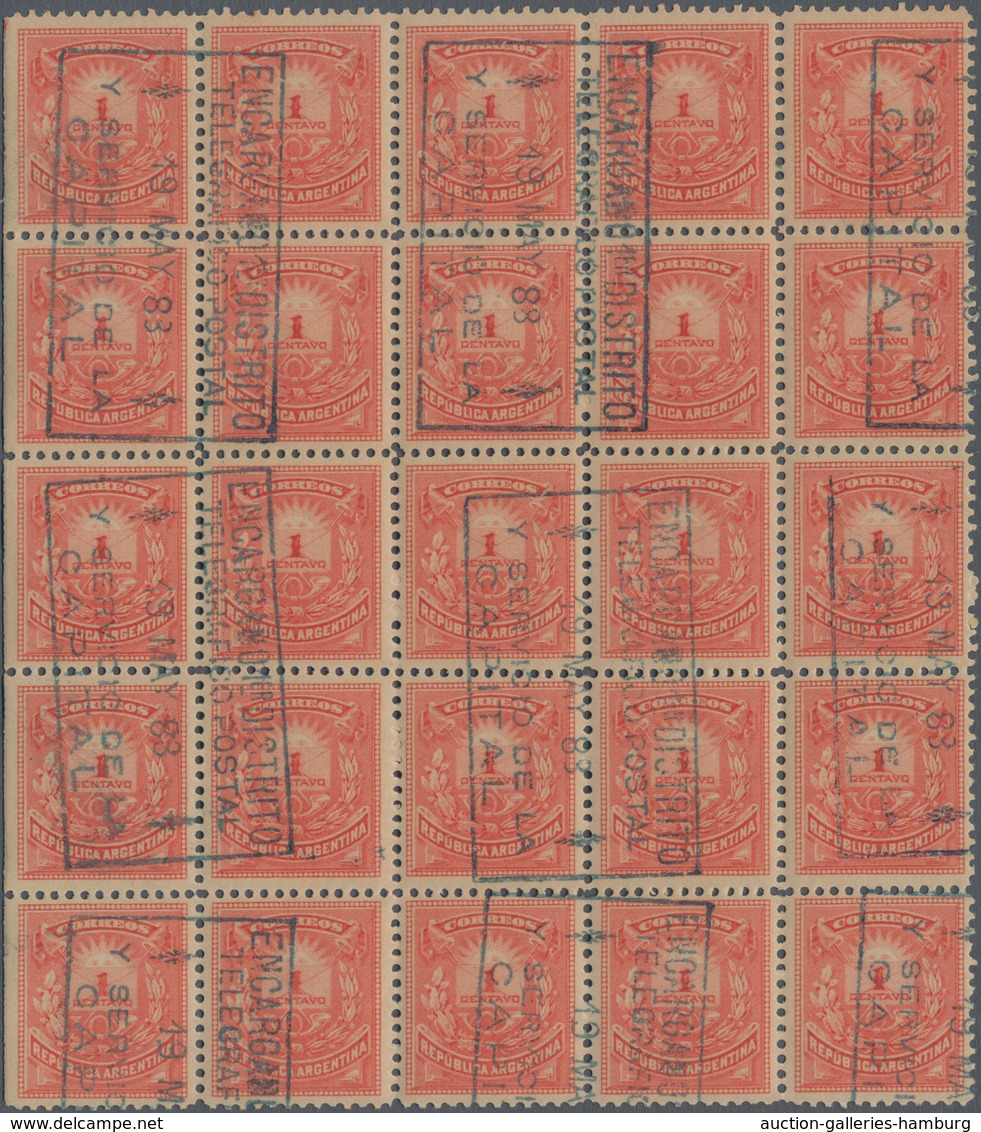 Argentinien: 1882 1c. Red Block Of 25, Perf 12, Cancelled-to-order By Rect. Framed 'Postal Telegraph - Otros & Sin Clasificación