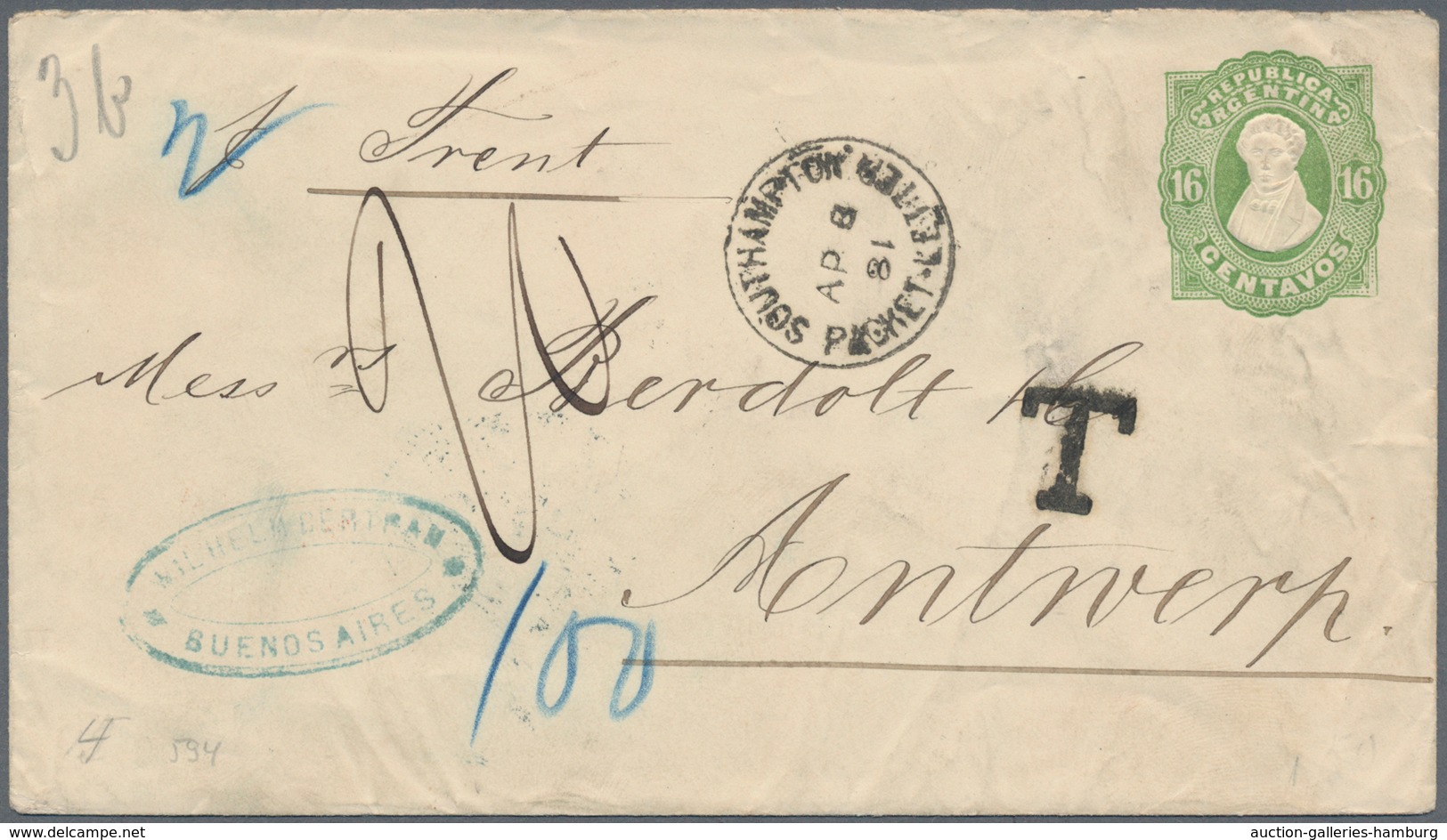 Argentinien - Ganzsachen: 1881: "SOUTHAMPTON PACKET LETTER AP 8 1881" Ship Mail Cancellation On Arge - Entiers Postaux