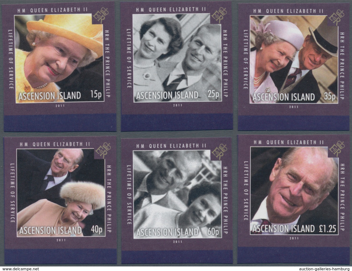 Ascension: 2011, 85th Birthday Of QEII Complete Set Of Six IMPERFORATE Stamps And The Imperf. Miniat - Ascensión