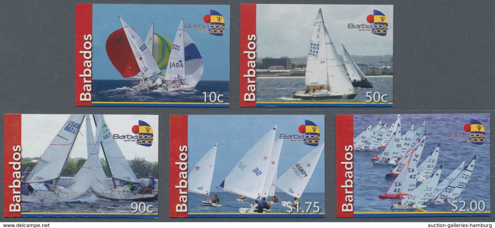 Barbados: 2010. Complete Set "Fireball-Regatta" (5 Values) In IMPERFORATE Single Stamps Showing The - Barbados (1966-...)