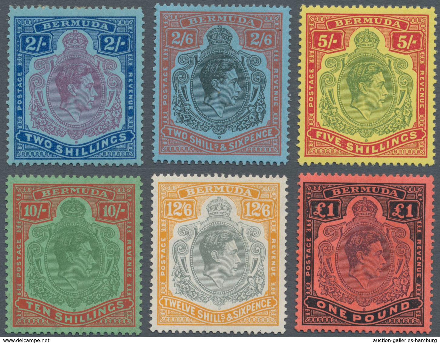 Bermuda-Inseln: 1938/1953, KGVI High Value Definitives Complete Simplified Set Of Six 2s. To 1pd., M - Bermudes