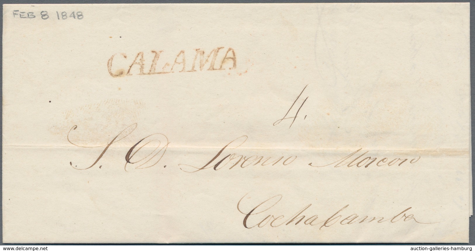Bolivien: 1844, "CALAMA", Red Single Line On Folded Letter To Cochabamba. And Red POTOSI Transit Mar - Bolivien