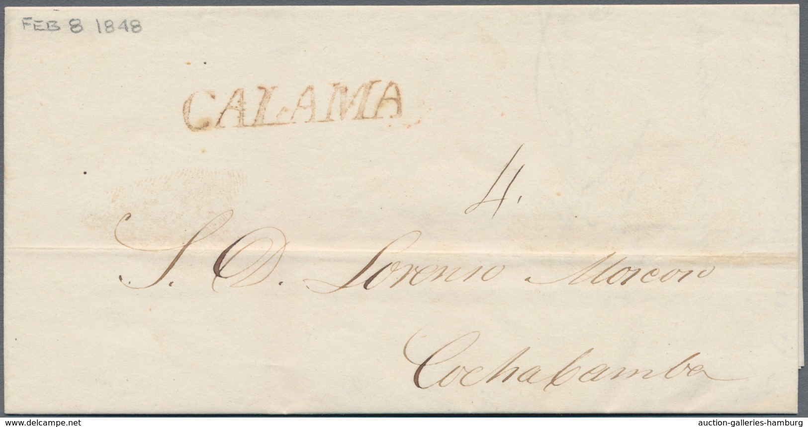 Bolivien: 1844, "CALAMA", Red Single Line On Folded Letter To Cochabamba. And Red POTOSI Transit Mar - Bolivië