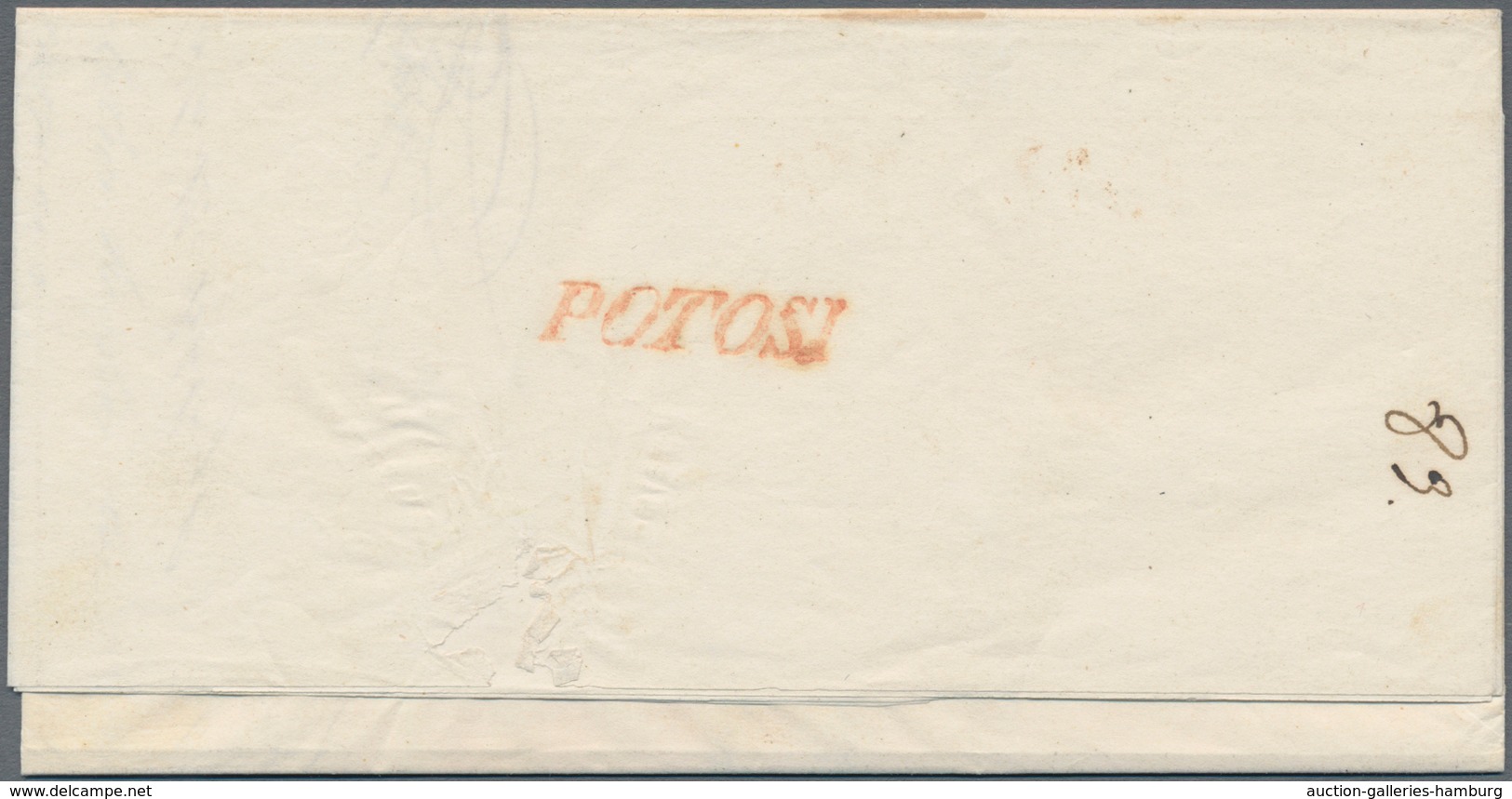 Bolivien: 1844, "CALAMA", Red Single Line On Folded Letter To Cochabamba. And Red POTOSI Transit Mar - Bolivie