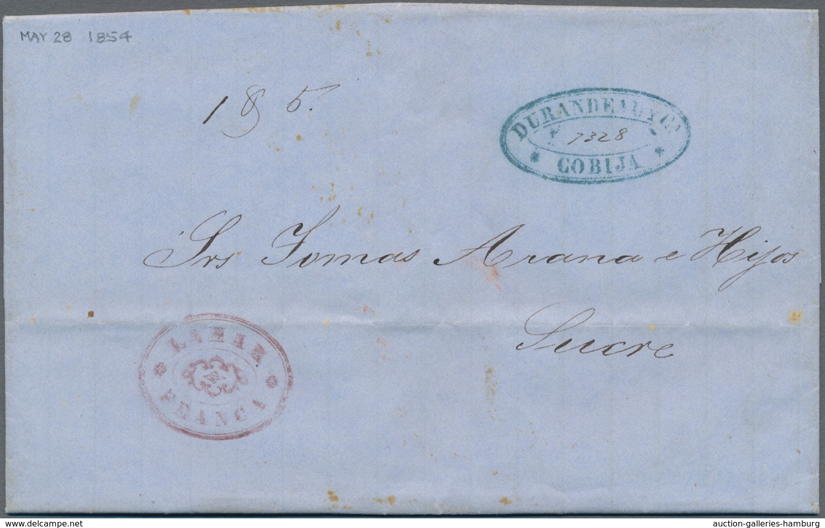 Bolivien: 1854, Folded Letter From COBITA To SUCRE Written On 28 May 1854. With Oval Forwarding Agen - Bolivien