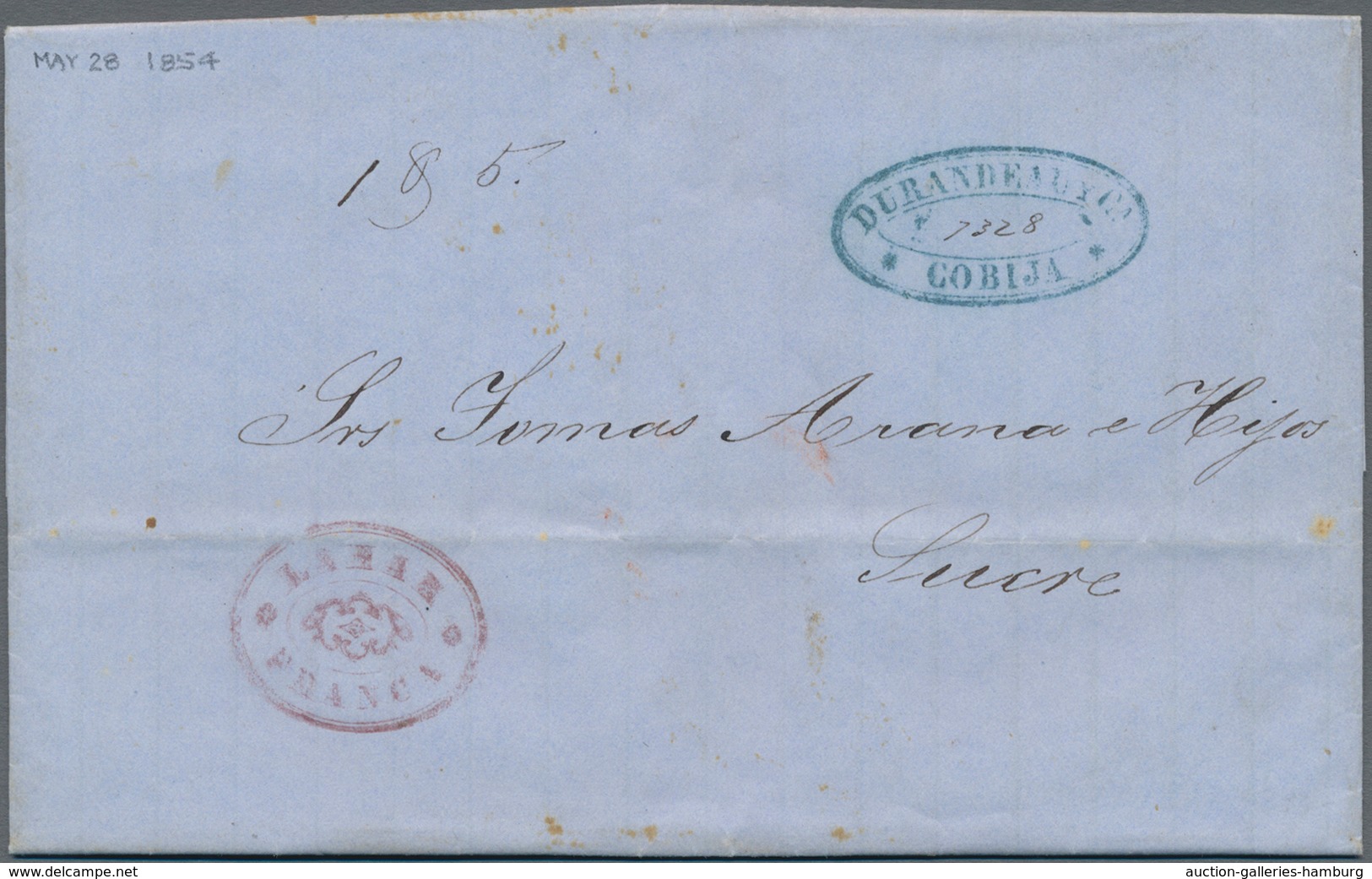 Bolivien: 1854, Folded Letter From COBITA To SUCRE Written On 28 May 1854. With Oval Forwarding Agen - Bolivie