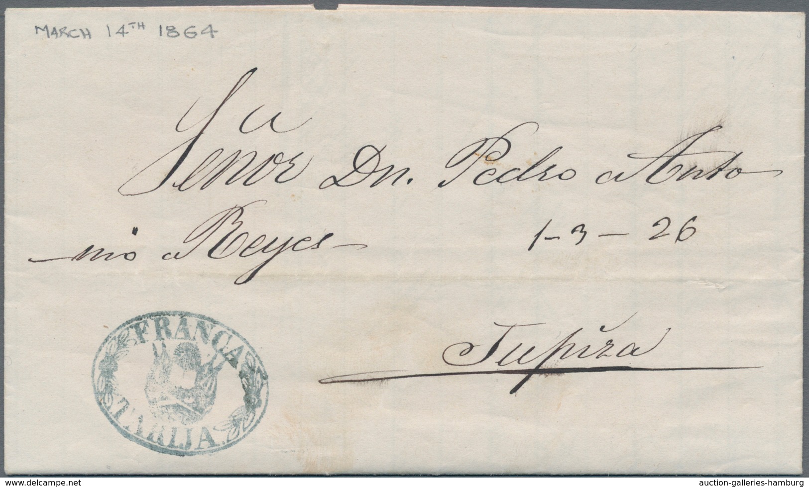 Bolivien: 1864, Folded Letter Sent Within The City Of TARIJA With Black Oval "FRANCA TARIJA" - Bolivia