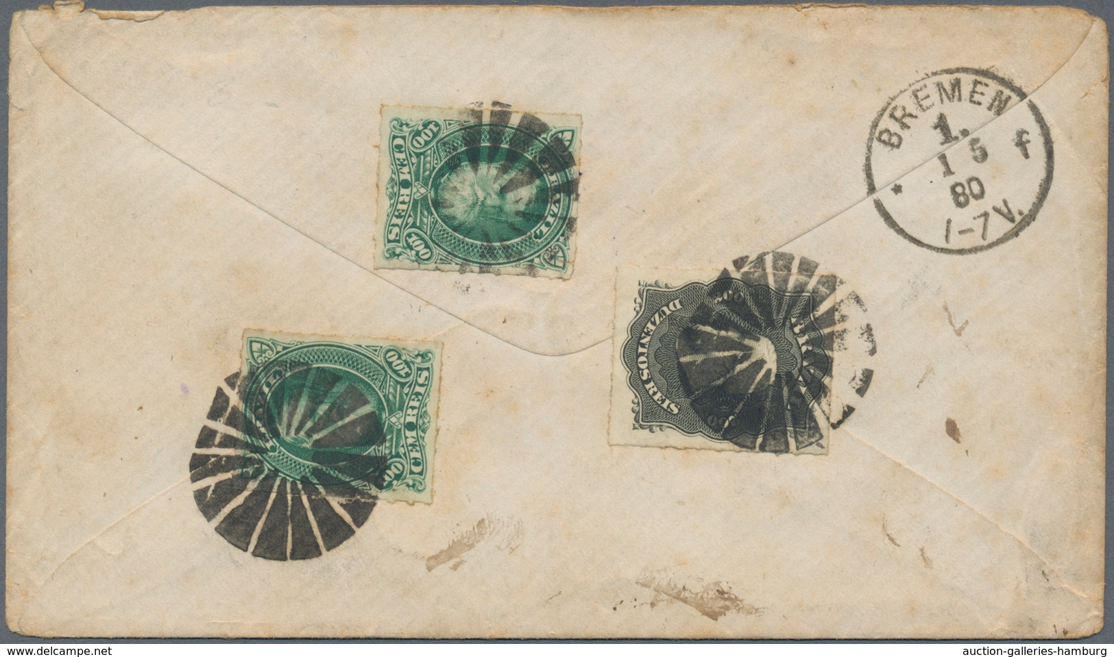 Brasilien: 1877, 2 X 100 R Green And 200 R Black "Pedro II", Rouletted, Each Tied By Cork Fancy Canc - Otros & Sin Clasificación