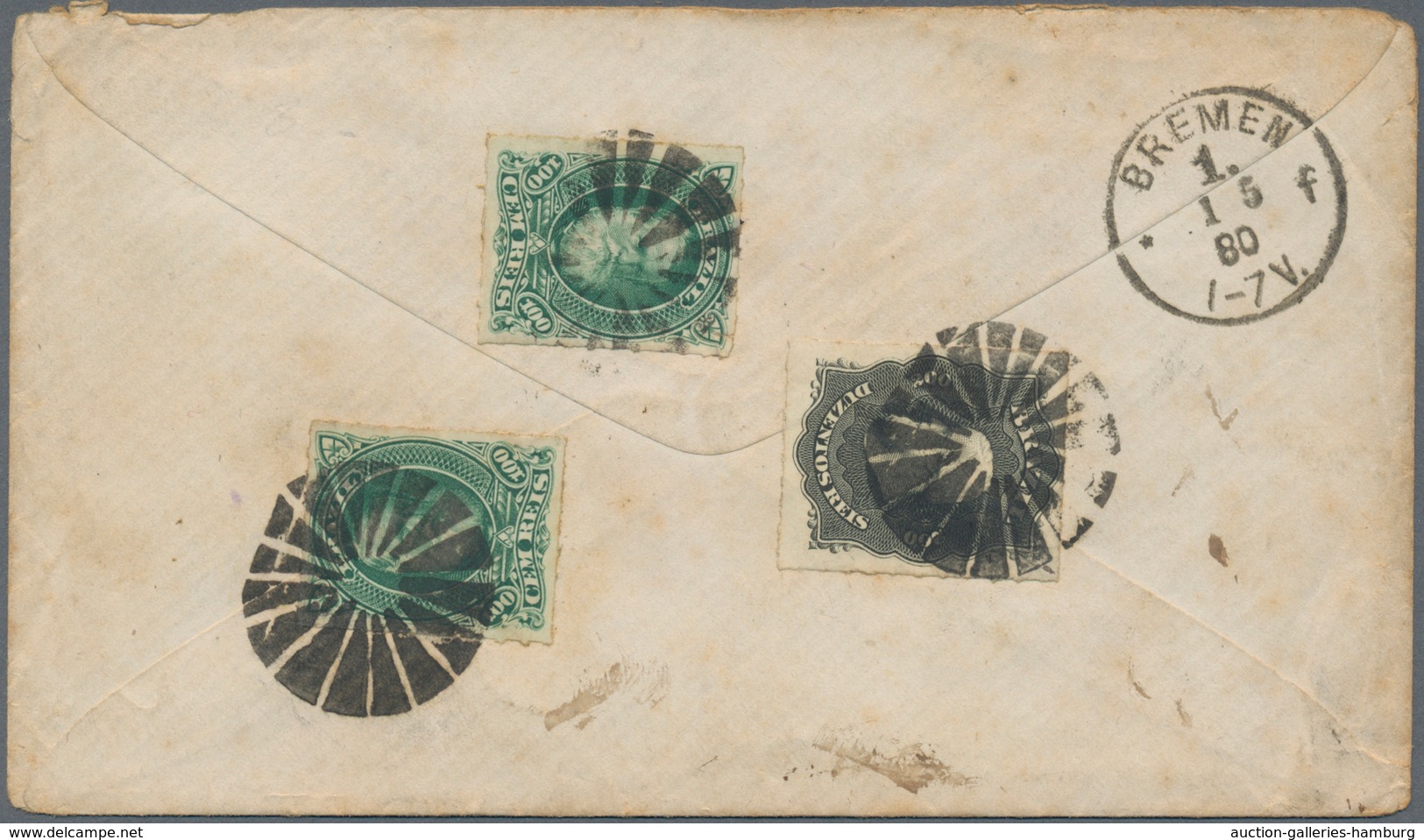 Brasilien: 1877, 2 X 100 R Green And 200 R Black "Pedro II", Rouletted, Each Tied By Cork Fancy Canc - Autres & Non Classés