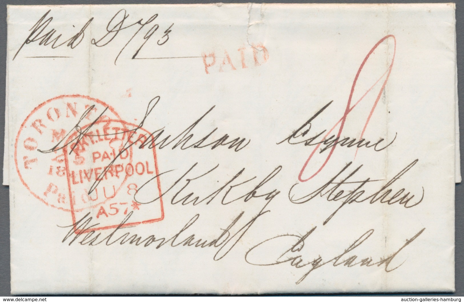 Canada: 1857, Folded Letter With Red "TORONTO PAID MAY 25 1857" And "PKT. LETTER PAID LIVERPOOL" Wit - Sonstige & Ohne Zuordnung