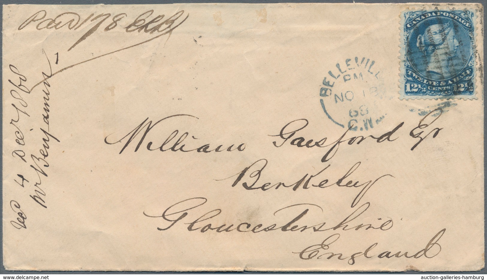 Canada: 1868, 12 1/2 Cent QV, Large Type, Single Franking On Cover From BELLEVILLE To England. The 1 - Autres & Non Classés