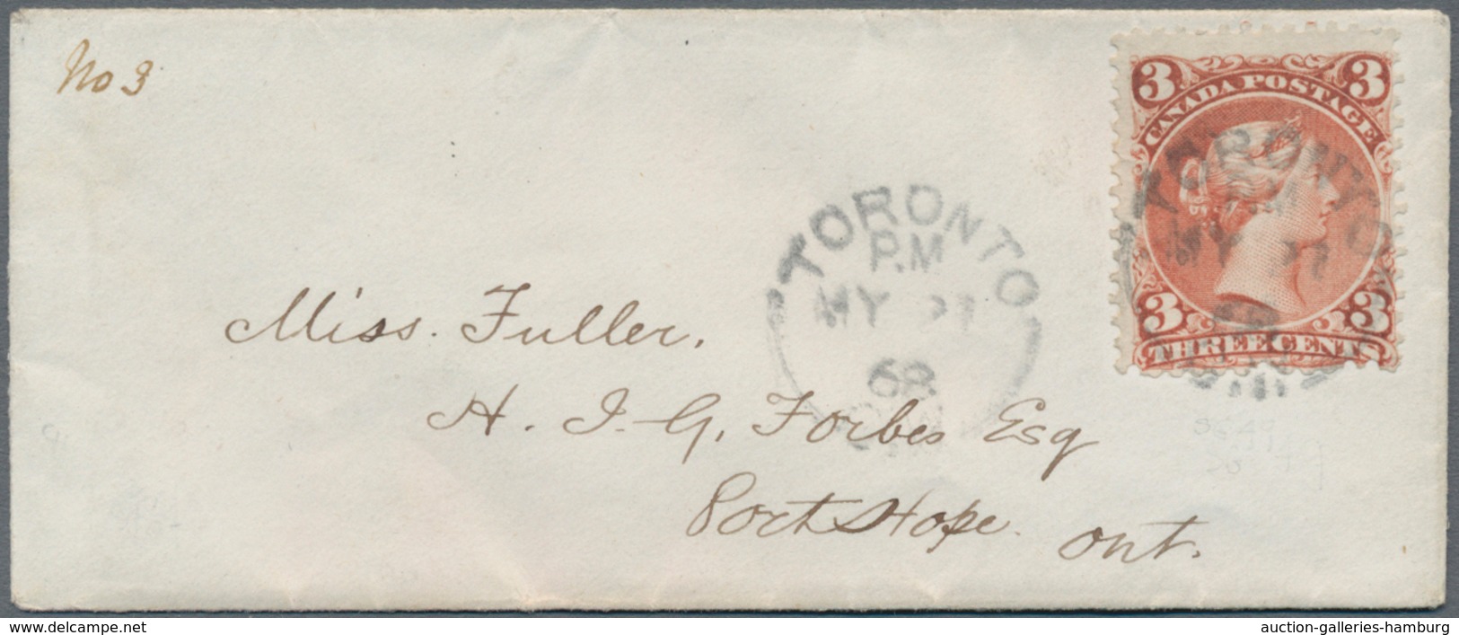 Canada: 1868/69, six very fine covers, each franked with 3 Cent QV large type.