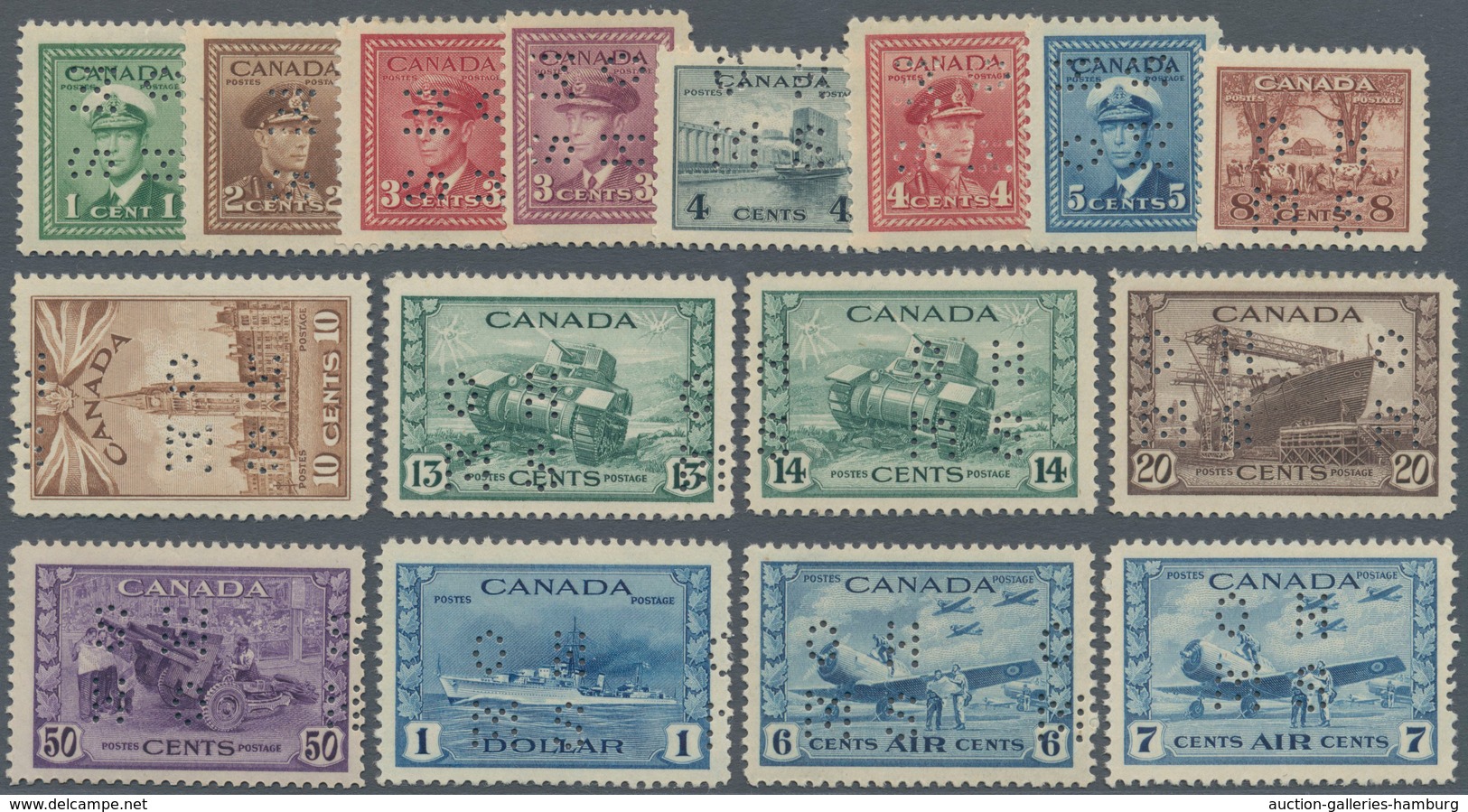 Canada - Dienstmarken: 1942/1943, KGVI War Effort Punctured 'O H / M S' Complete Set Of 16 Incl. The - Aufdrucksausgaben