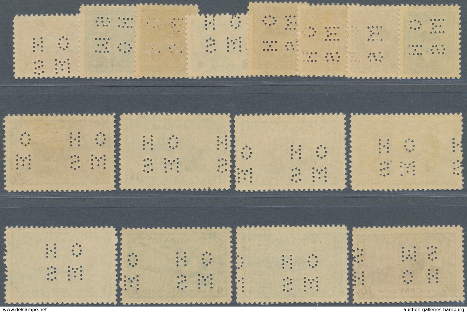 Canada - Dienstmarken: 1942/1943, KGVI War Effort Punctured 'O H / M S' Complete Set Of 16 Incl. The - Aufdrucksausgaben