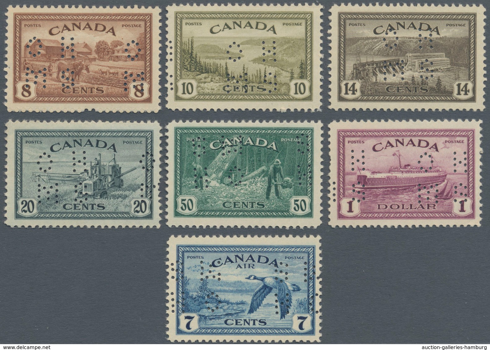 Canada - Dienstmarken: 1946, KGVI Peace Re-conversion Punctured 'O H / M S' Complete Set Of Seven In - Sobrecargados