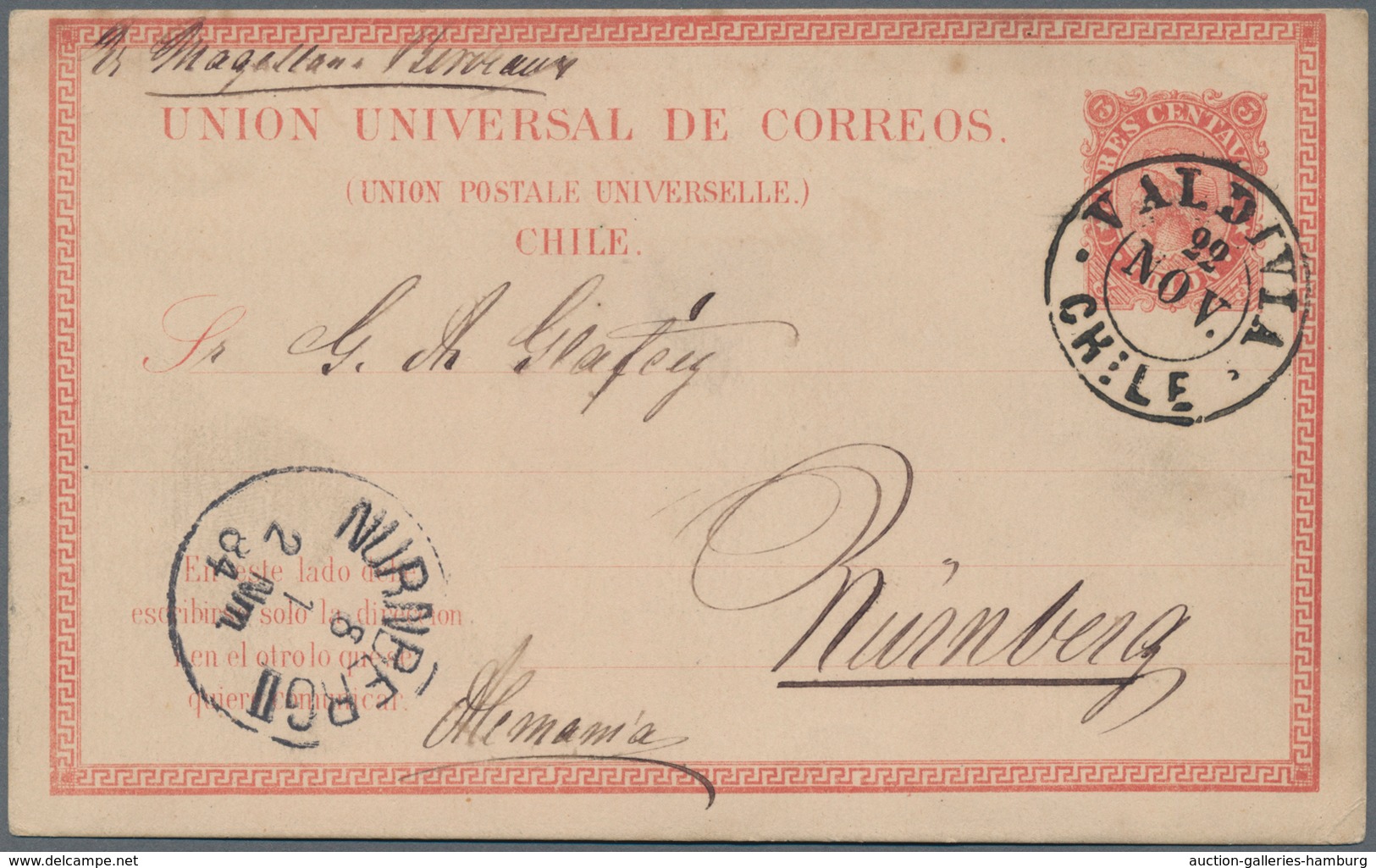 Chile - Ganzsachen: 1881 Postal Stationery Card 3c. Red Used From Valdivia To Nürnberg, Germany 'Via - Chile
