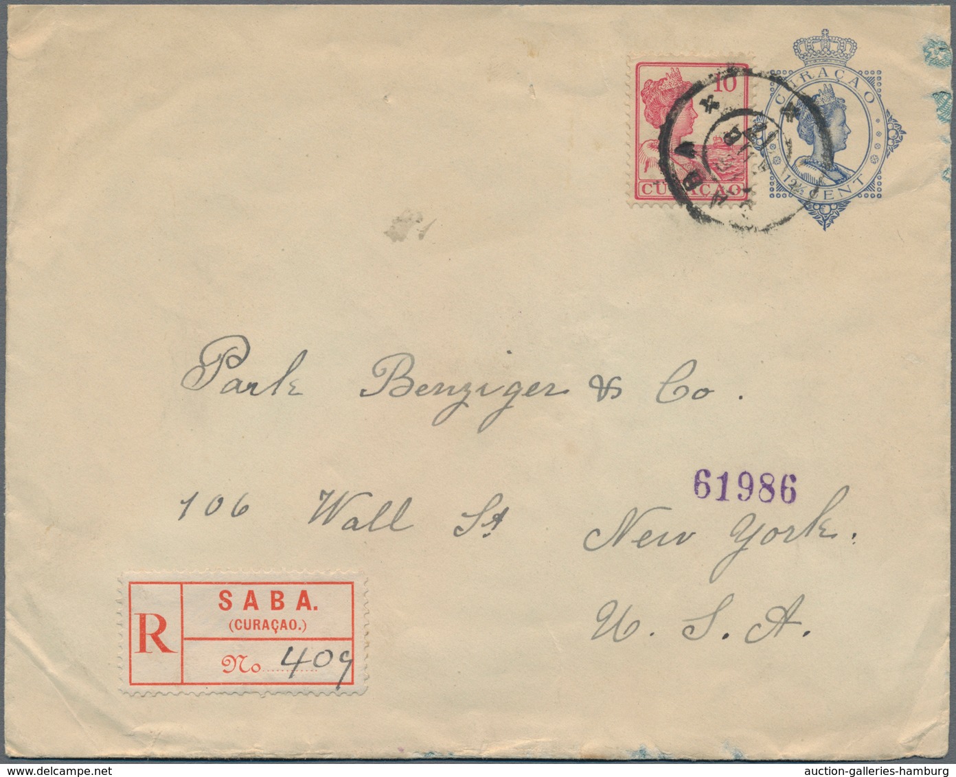 Curacao: 1917, 12 1/2 C Blue Postal Stationery Envelope, Uprated With 10 C Rose, Sent Registered Fro - Niederländische Antillen, Curaçao, Aruba