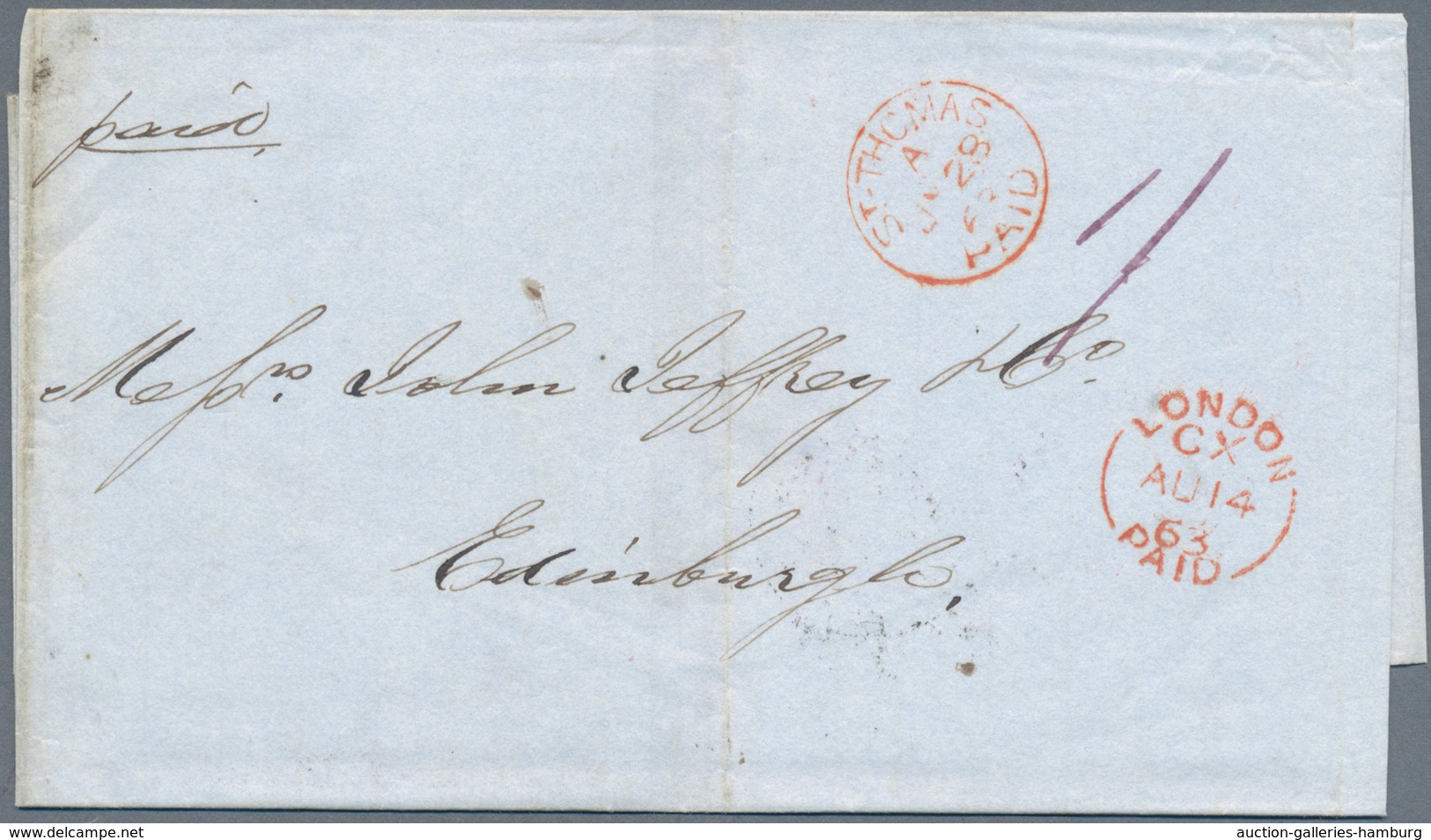 Dänisch-Westindien: 1863, "ST. THOMAS PAID" Red Circle Postmark On Folded Letter Via London (red "Lo - Dänische Antillen (Westindien)