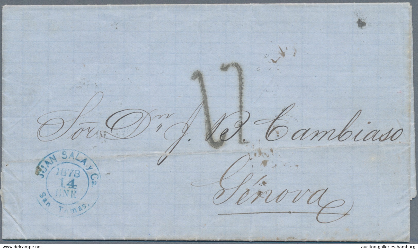 Dänisch-Westindien: 1873, Complete Folded Letter From ST. THOMAS To GENOVA/Italy Without Stamps, Via - Dänische Antillen (Westindien)