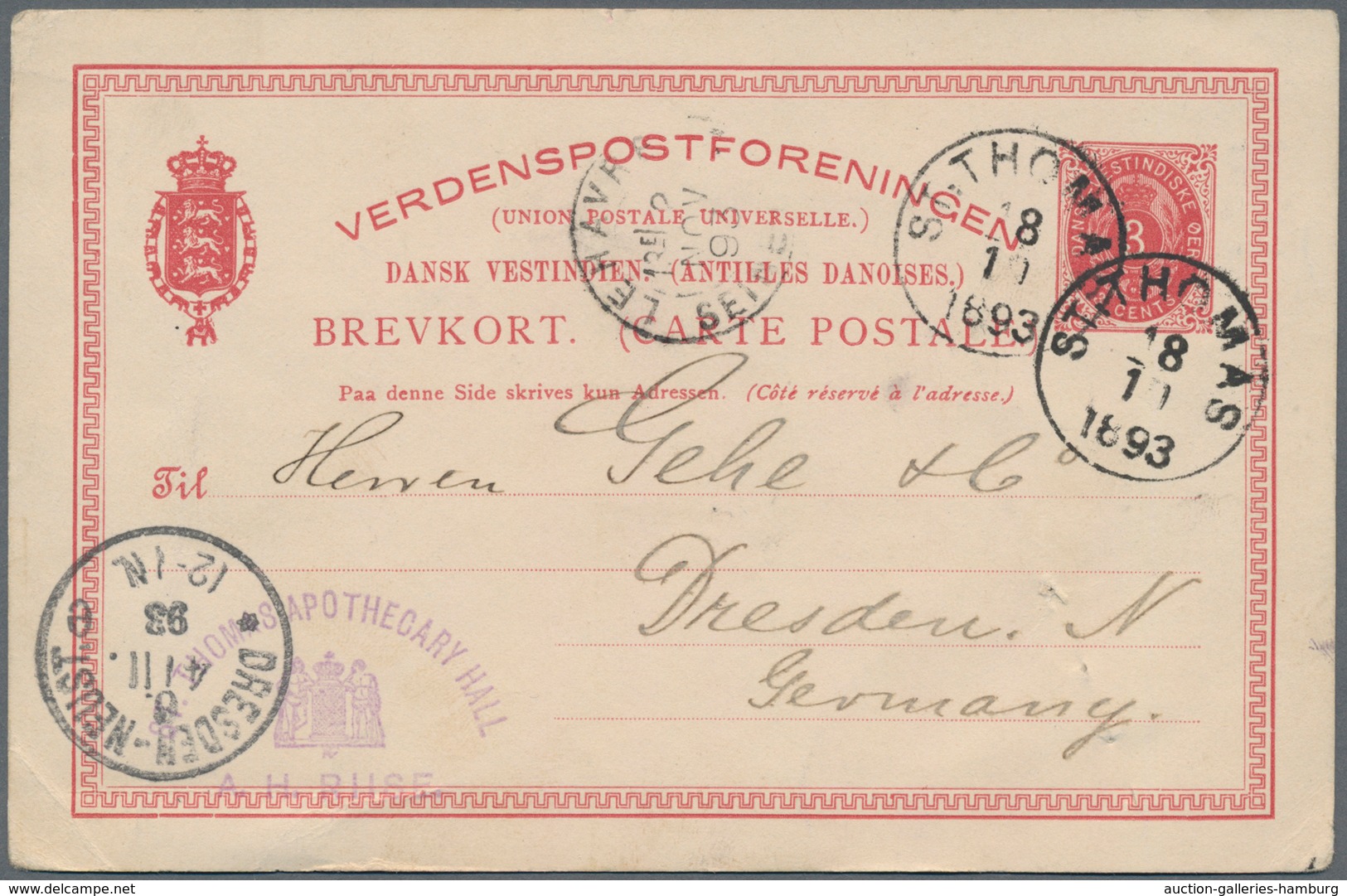 Dänisch-Westindien: 1893/1914 Three Postal Stationery Cards Sent From St. Thomas To Dresden, Germany - Dinamarca (Antillas)