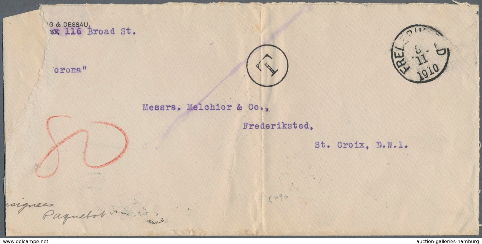 Dänisch-Westindien: 1910, Incoming Ship Consignee Mail "S/S Korona" With Manuscript "Consignees Paqu - Danemark (Antilles)