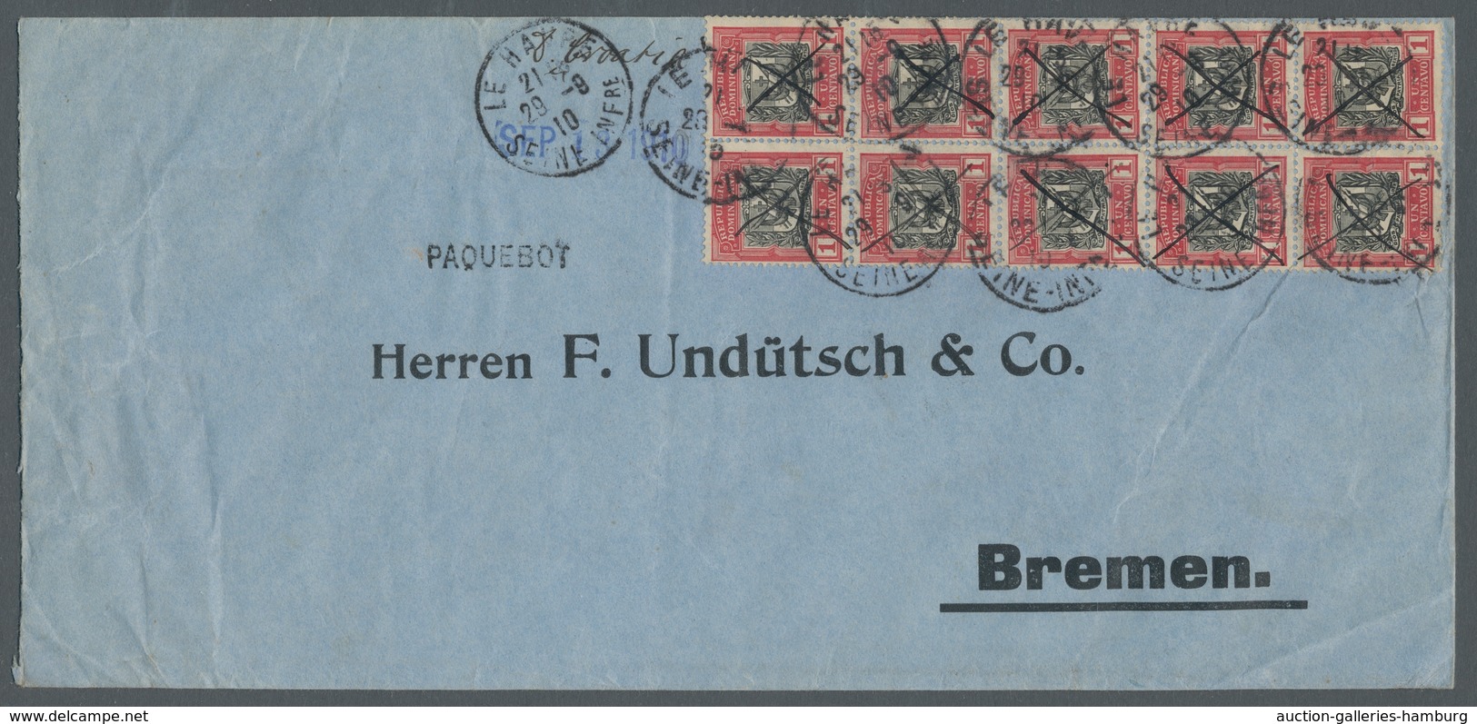 Dominikanische Republik: 1910, Coat Of Arms 1 Centavo, Vertical Block Of Ten On Large Format Cover T - Dominicaanse Republiek