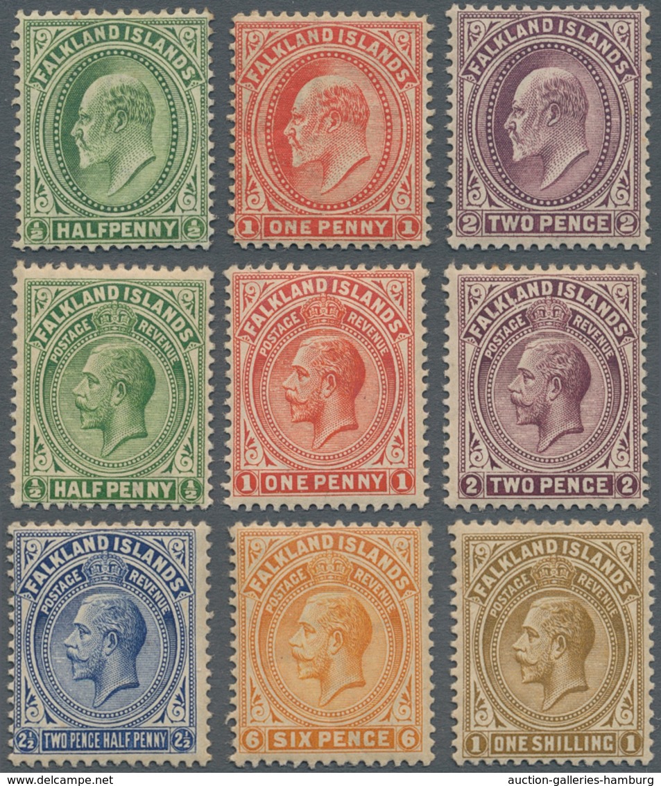 Falklandinseln: King Edward VII 1/2d, 1d, 2d Lightly Mounted Mint And King George V Wmk Mult Crown C - Islas Malvinas