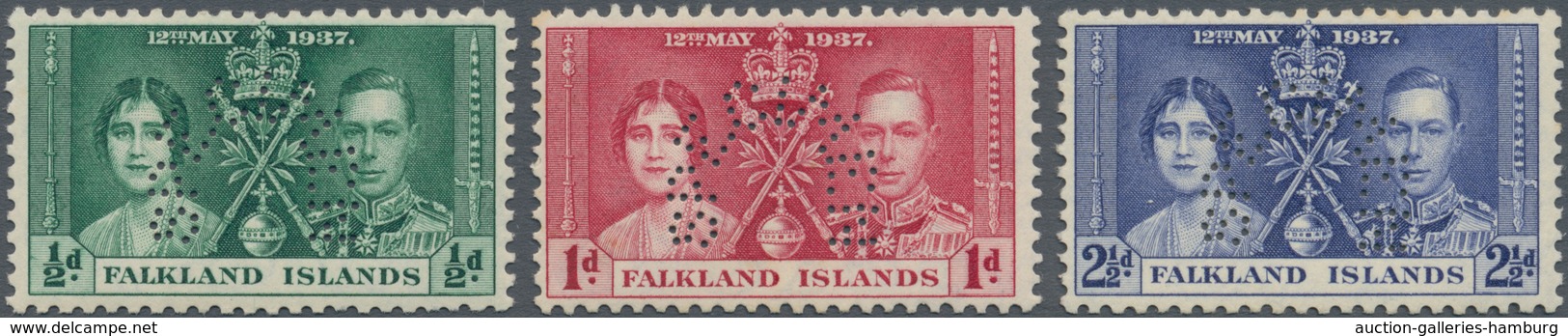 Falklandinseln: 1937, Coronation Issue Perforated 'SPECIMEN' Complete Set Of Three, Mint Hinged And - Islas Malvinas