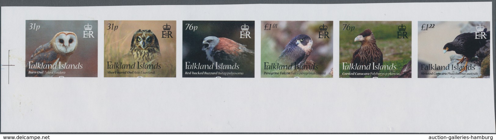 Falklandinseln: 2016, Birds Of Prey, IMPERFORATE Proof Strip Of Six, Mint Never Hinged. - Falklandinseln