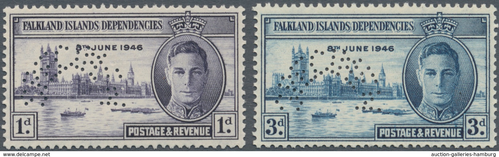 Falklandinseln - Abhängige Gebiete - Allgemeine Ausgabe: 1946, Victory Issue Perforated 'SPECIMEN' C - Falklandinseln