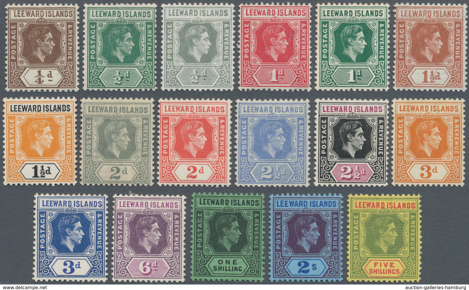 Leeward-Inseln: 1938/1949, KGVI Definitives Complete Set Of 19, Mint Hinged, SG. £ 200 - Leeward  Islands