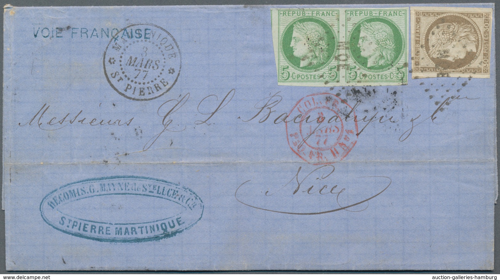 Martinique: 1877, Ceres 5c. Green Horizontal Pair And Single Value 30c. Brown, 40c. Rate On Lettersh - Other & Unclassified
