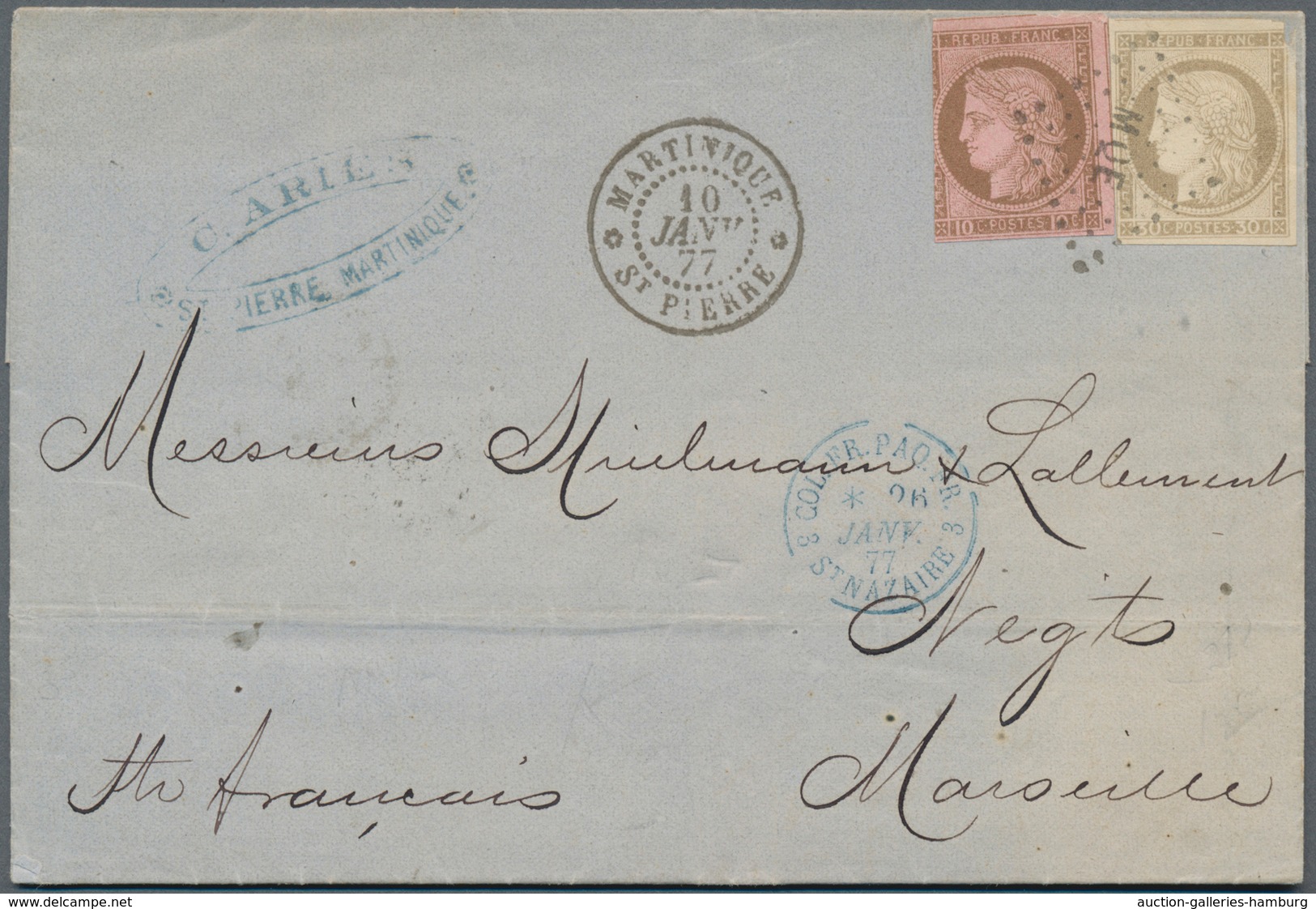 Martinique: 1877, Ceres 10c. Brown On Rose And 30c. Grey-brown, Both Cut Into, 40c. Rate On Lettersh - Sonstige & Ohne Zuordnung
