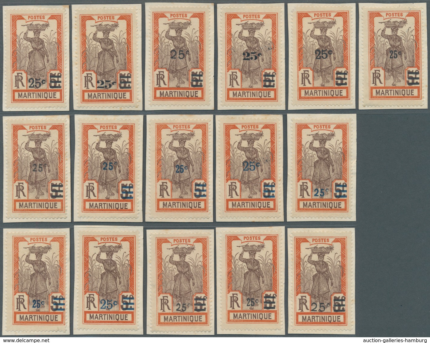 Martinique: 1924, Revaluation Overprints, 25c. On 5fr. Orange/brown "Sugarcane Harvest", Group Of 16 - Otros & Sin Clasificación