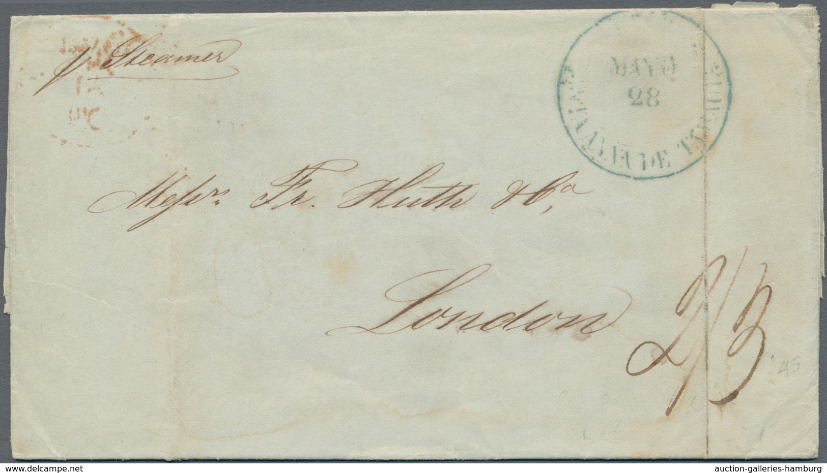 Mexiko: 1845, Folded Letter With Blue Cds "FRANCO SANTA ANNA DE TAMALIS MAYO 28" And Red BPO "TAMPIC - Mexico