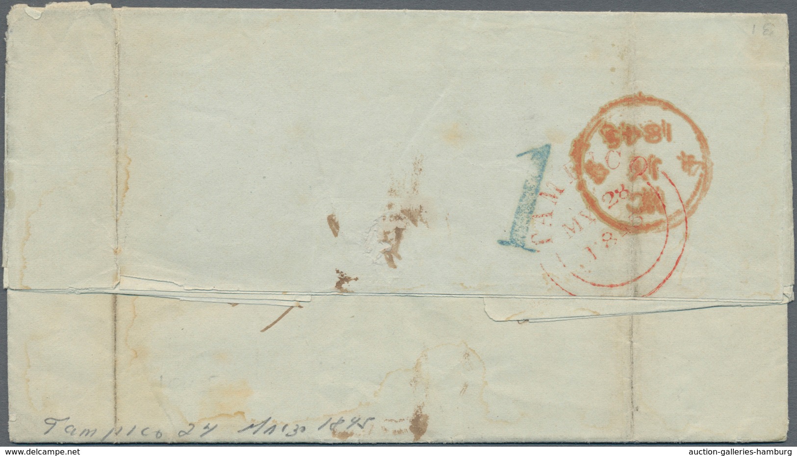 Mexiko: 1845, Folded Letter With Blue Cds "FRANCO SANTA ANNA DE TAMALIS MAYO 28" And Red BPO "TAMPIC - Messico