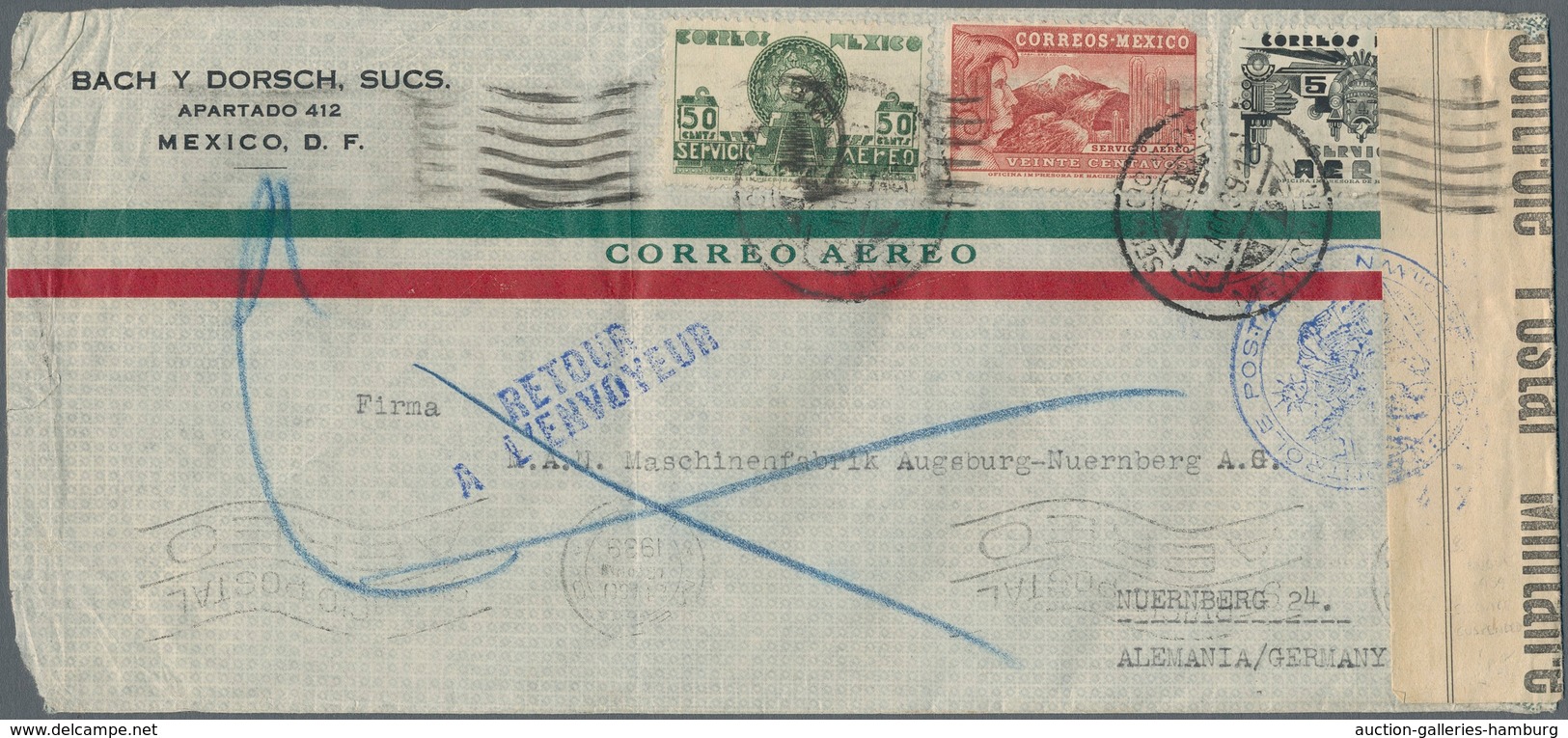 Mexiko: 1939, Airmail Cover From "MEXICO 24.AUG 39" To Nuremberg/Germany. The Airmail Route To Germa - Mexique