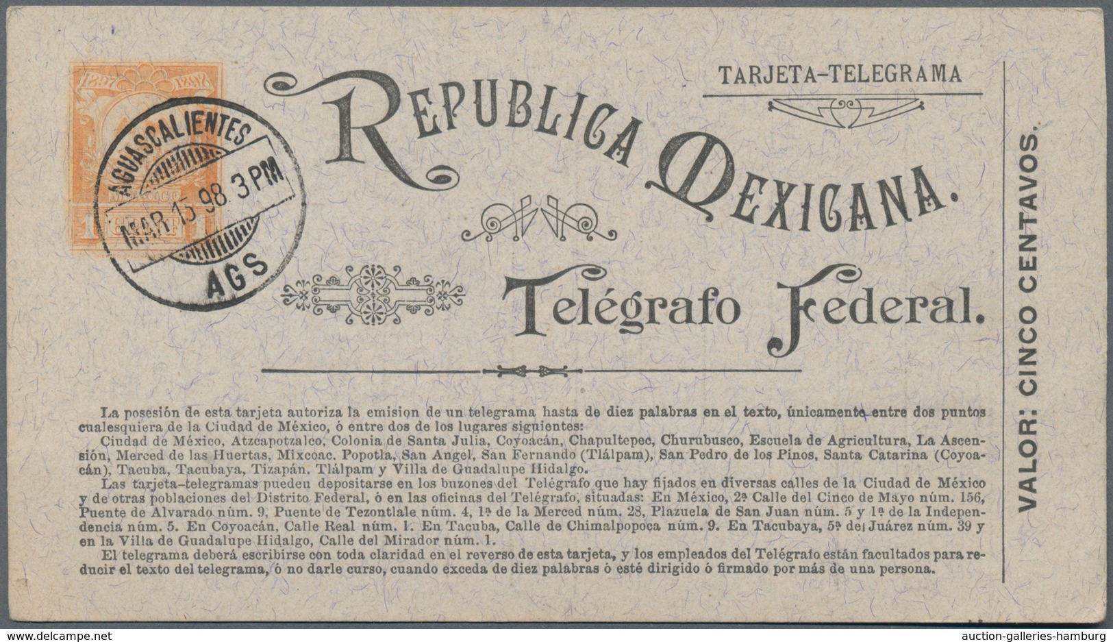 Mexiko - Ganzsachen: 1897, 5 C (+ 1 C) Orange Telegram Form Card, Used With Cds AGUASCALIENTES, 13 M - Mexiko