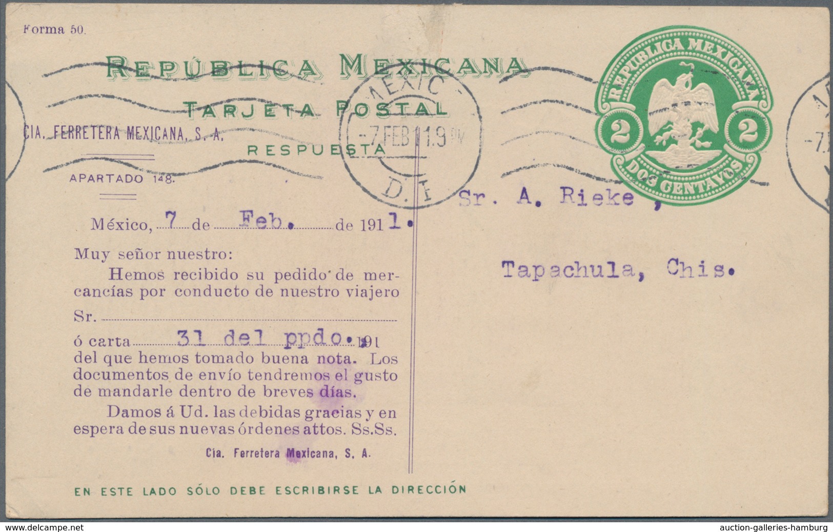 Mexiko - Ganzsachen: 1910-11, Three Postal Stationery Picture Cards 2c. Green, Two With Add. Printin - México